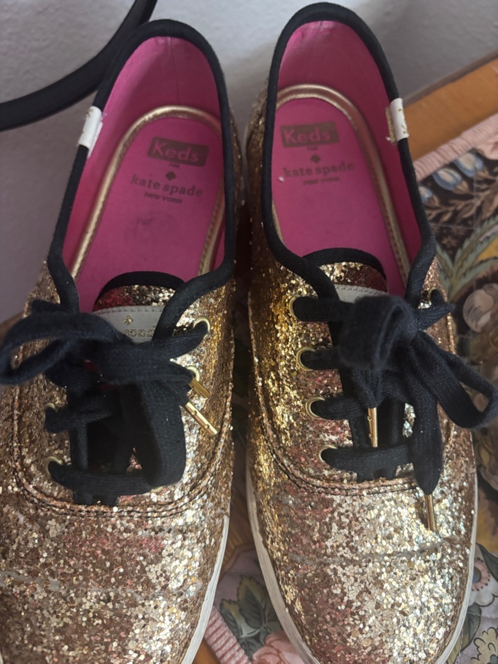 Keds x Kate Spade Gold Glitter Platform Sneakers with Black Trim
